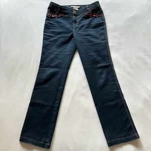 ese-y dark wash bootcut jeans w some sparkle to the weave / size 14